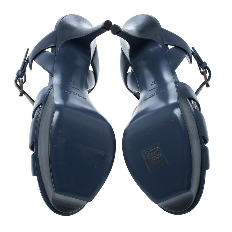 Saint Laurent Slate Blue Leather Tribute Platform Sandals Size 37 In Excellent Condition In Dubai, Al Qouz 2