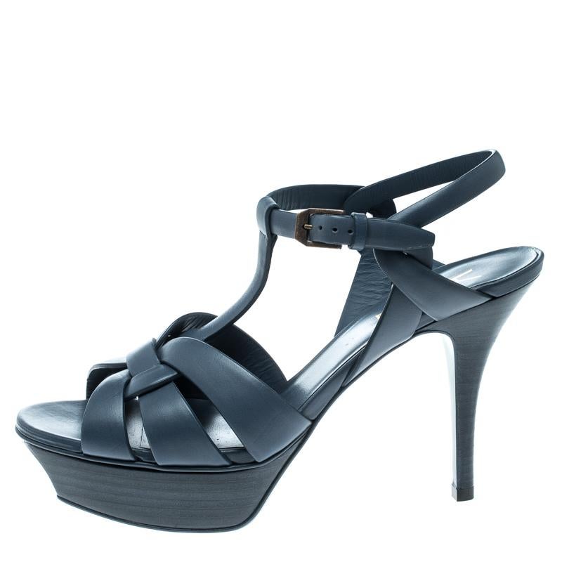 Women's Saint Laurent Slate Blue Leather Tribute Platform Sandals Size 37