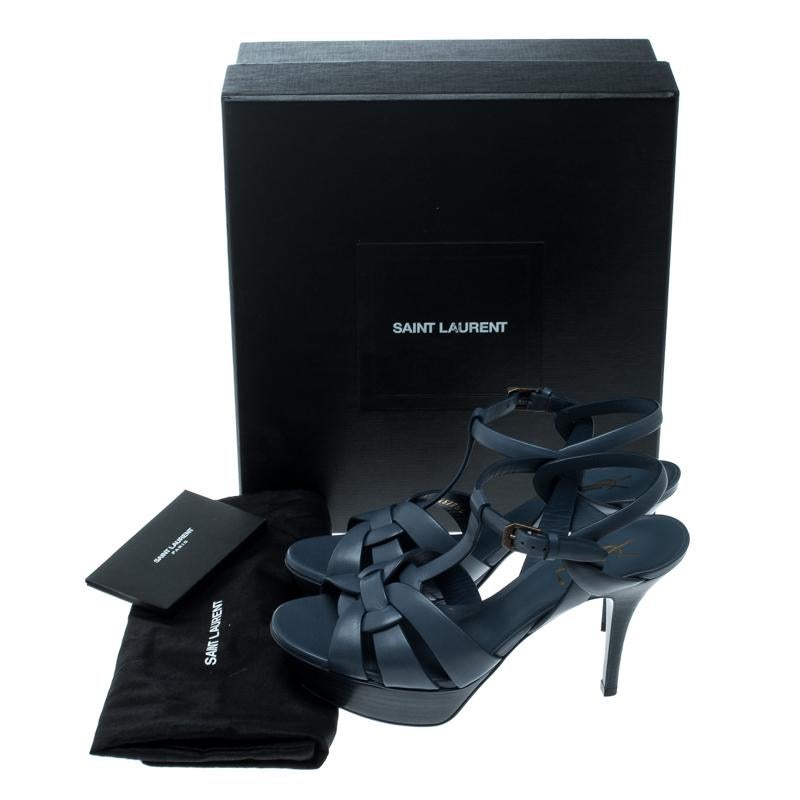 Saint Laurent Slate Blue Leather Tribute Platform Sandals Size 37 2