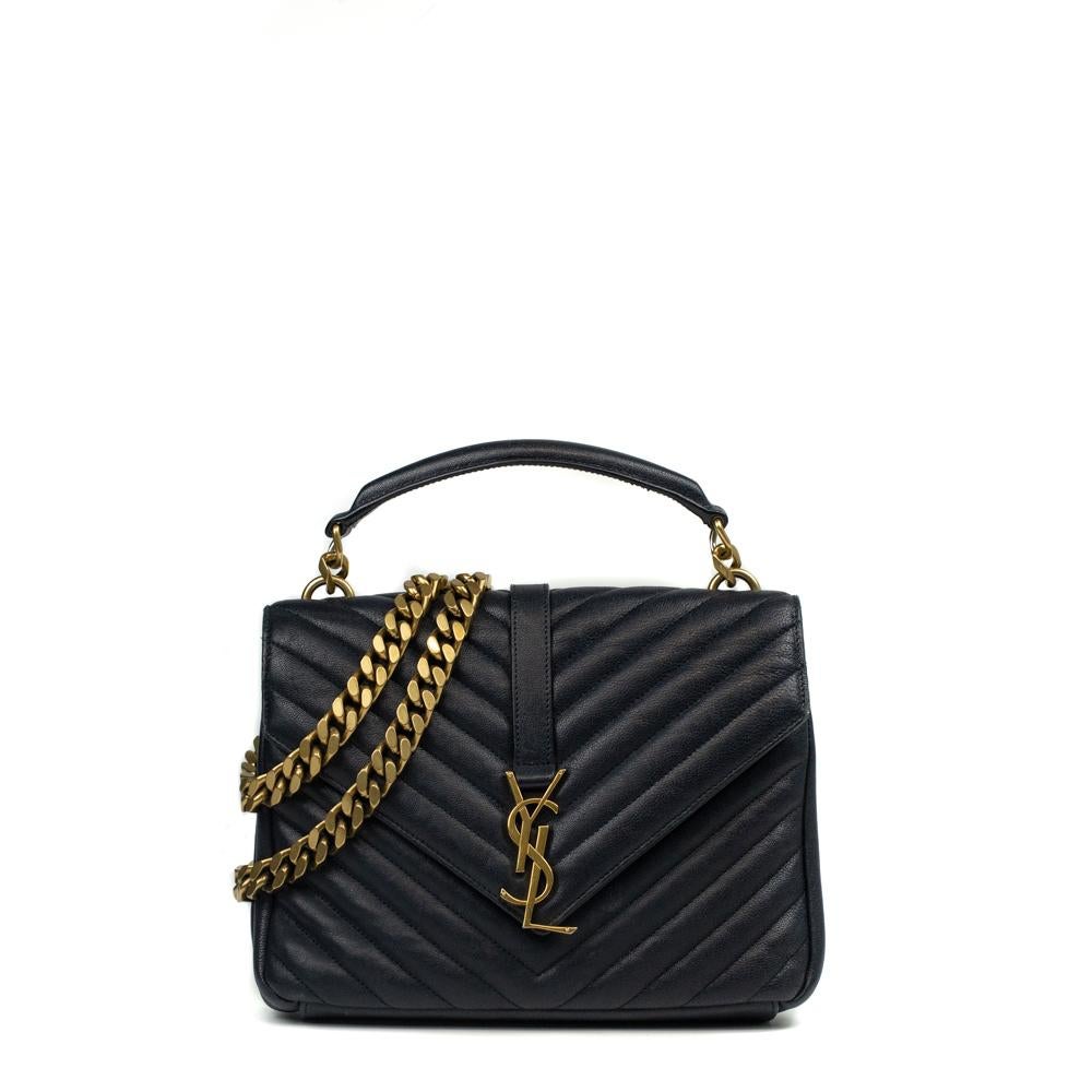 - Designer: SAINT LAURENT
- Model: Small College
- Condition: Fair condition. Sign of wear on base corners, Sign of wear on Leather, Slight marks on interior, Few scratches
- Accessories: Original Dustbag, Strap (Removable Non Adjustable)
-