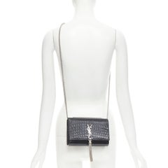 SAINT LAURENT Small Kate black embossed croc silver YSL tassel crossbody bag