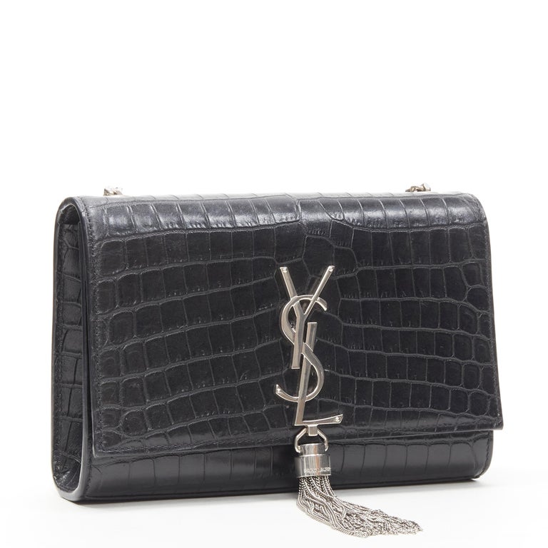 SAINT LAURENT Small Kate black embossed croc silver YSL tassel