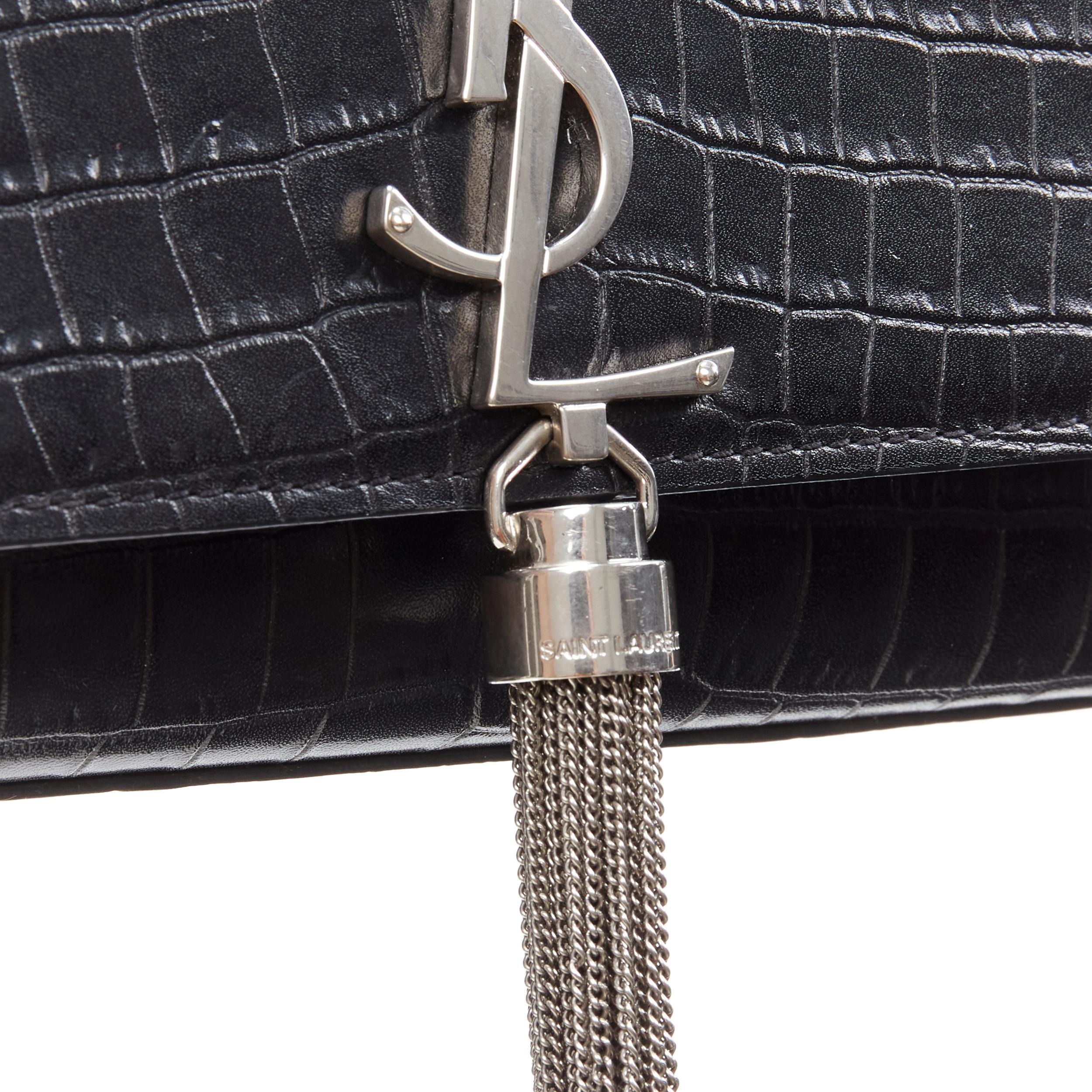Women's SAINT LAURENT Small Kate black embossed croc silver YSL tassel crossbody bag