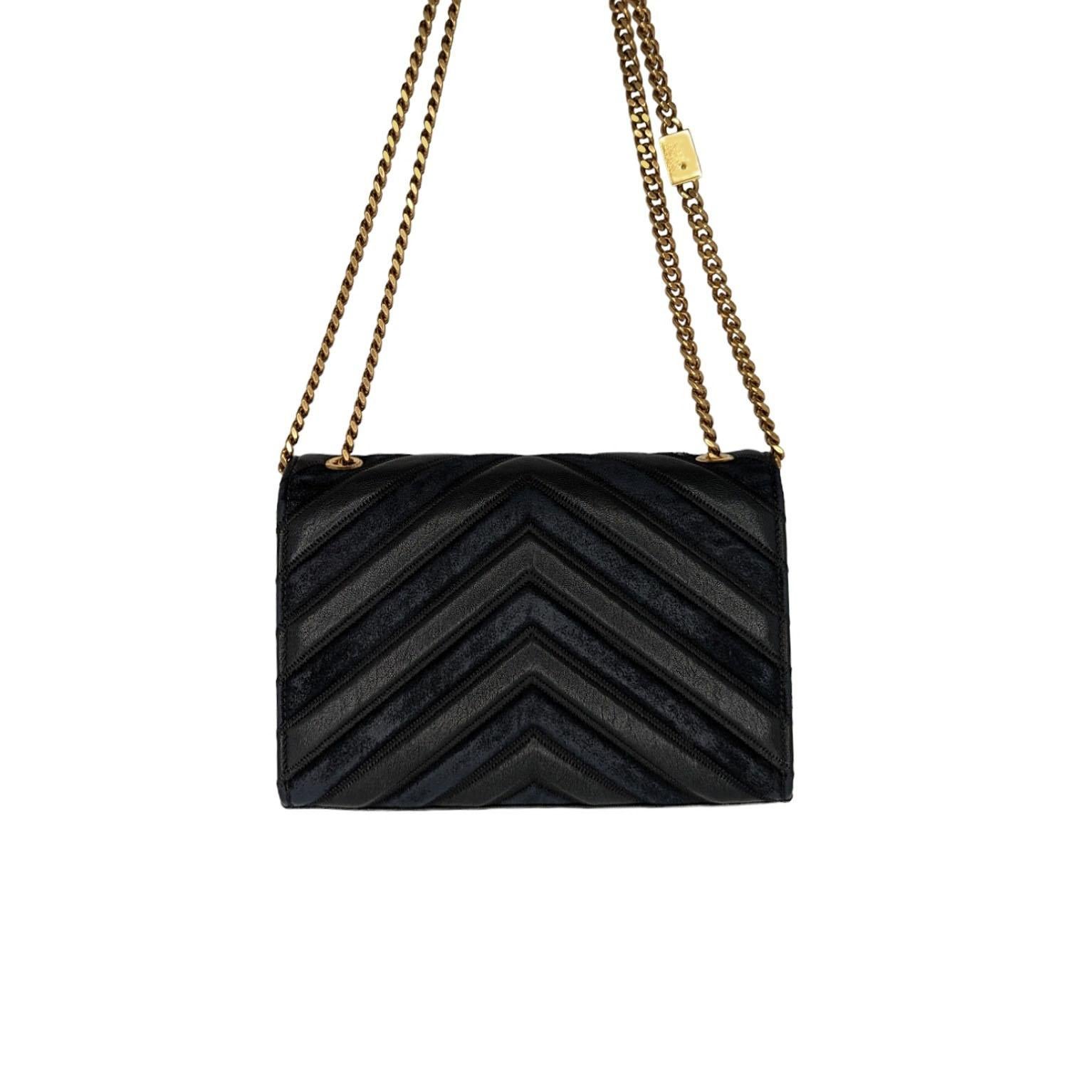 Leather and suede chevron patterning give this signature shoulder bag a luxe textural nuance. Iconic chain link shoulder strap Logo embellishment at front Magnetic snap flap closure One interior slip pocket Gold-tone hardware Leather/suede. Made in