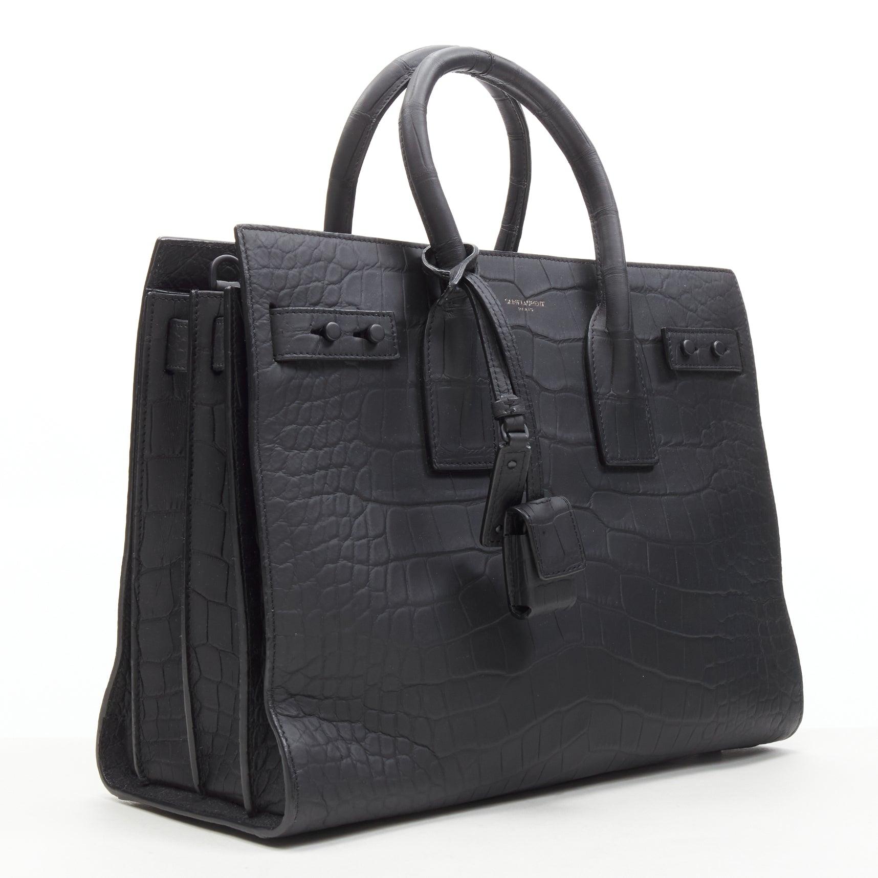 Black SAINT LAURENT Small Sac De Jour matte black stamped croc tote bag For Sale