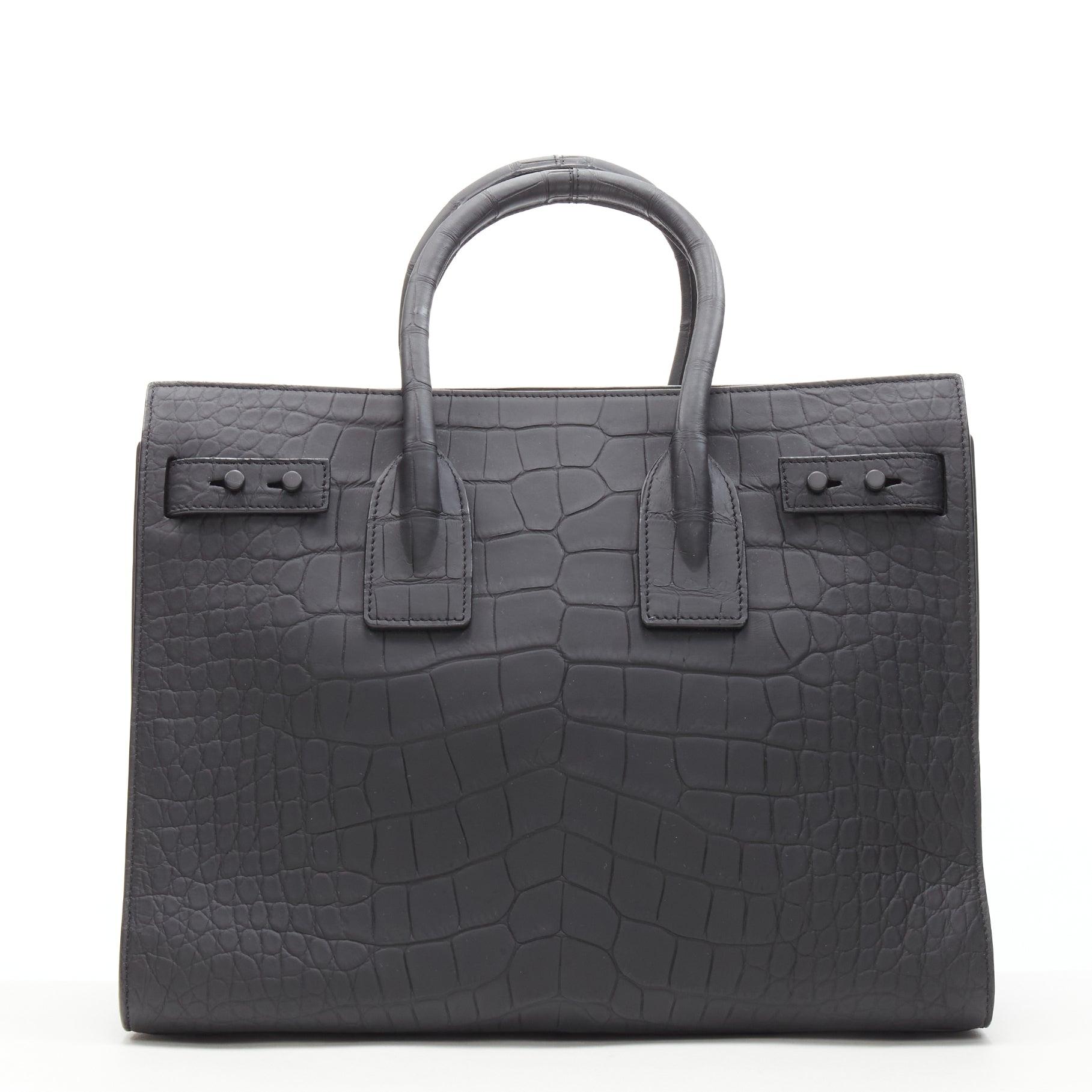 SAINT LAURENT Small Sac De Jour matte black stamped croc tote bag For Sale 2