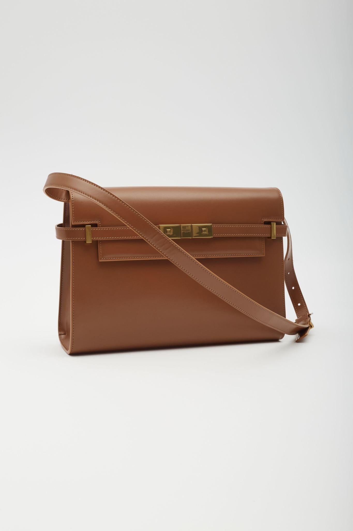 Saint Laurent Smooth Calfskin Medium Manhattan Shoulder Bag Cognac In Excellent Condition In Montreal, Quebec