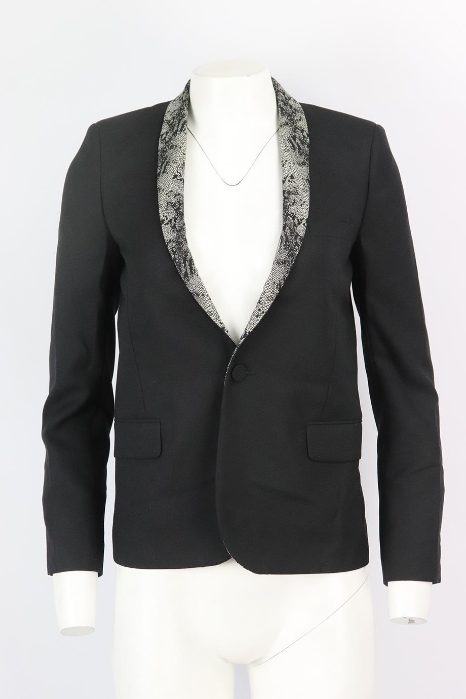 Saint Laurent snake jacquard trimmed wool blazer. Black. Long sleeve, v-neck. Button fastening at front. 100% Wool; fabric2: 100% wool; lining: 100% silk. Size: FR 36 (UK 8, US 4, IT 40). Shoulder to shoulder: 14.75 in. Bust: 35 in. Waist: 33 in.