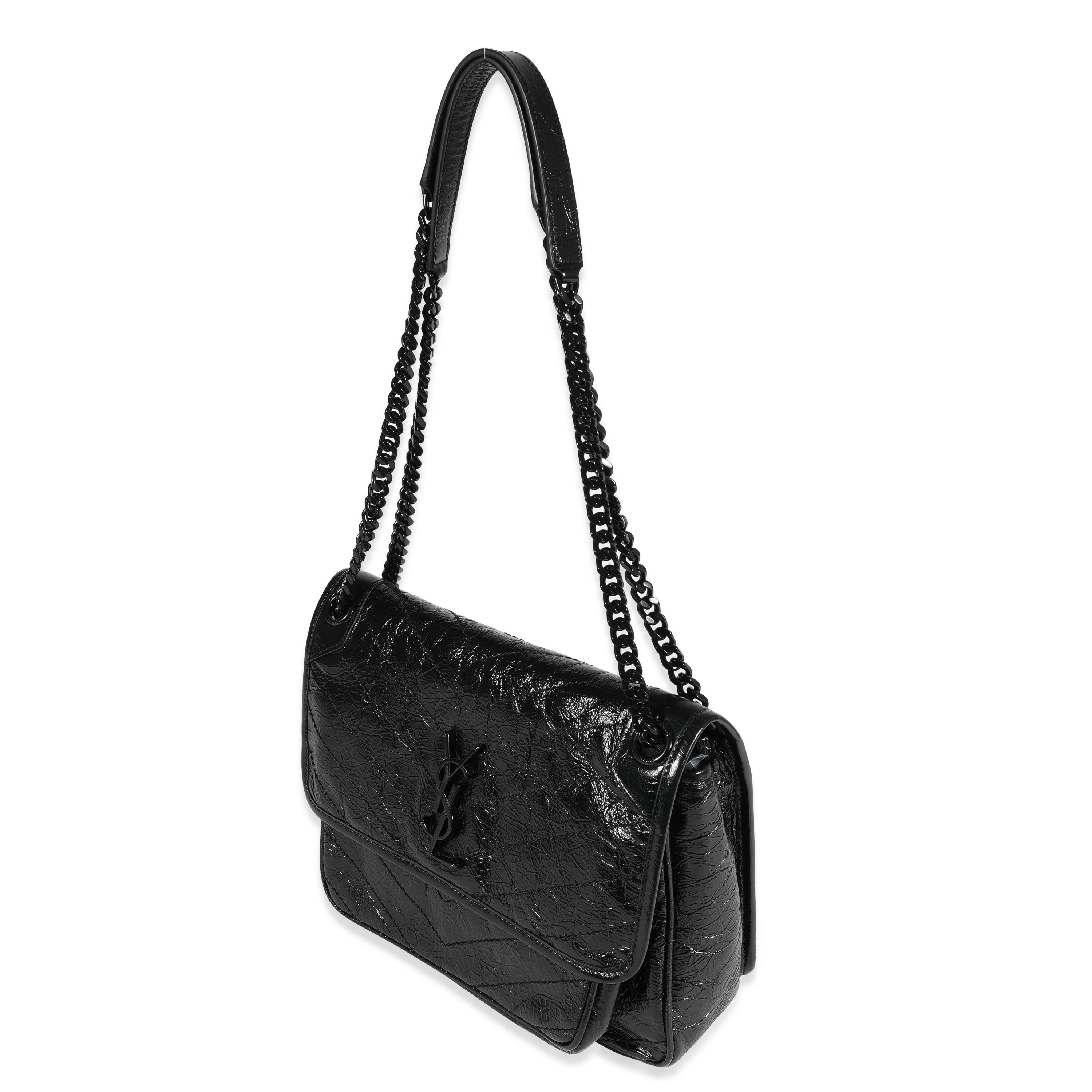 Saint Laurent So Black Crinkled Vintage Leather Medium Niki Flap Bag In Excellent Condition In New York, NY
