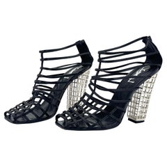 Saint Laurent Spring 2009 Black Leather Silver Metal Heel Cage Boots 39