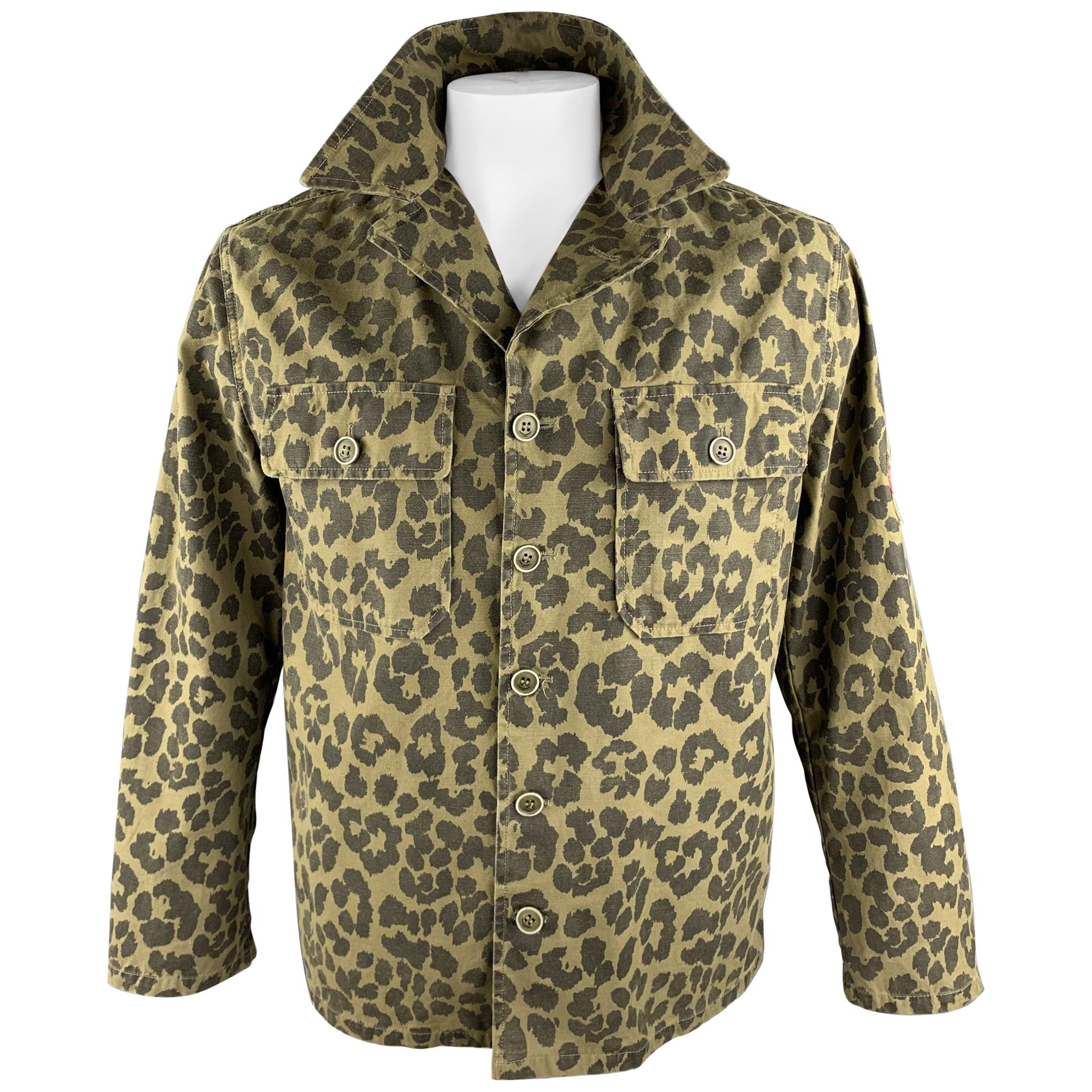 SAINT LAURENT Spring 2016 Size 40 Olive & Black Leopard Print Cotton Jacket