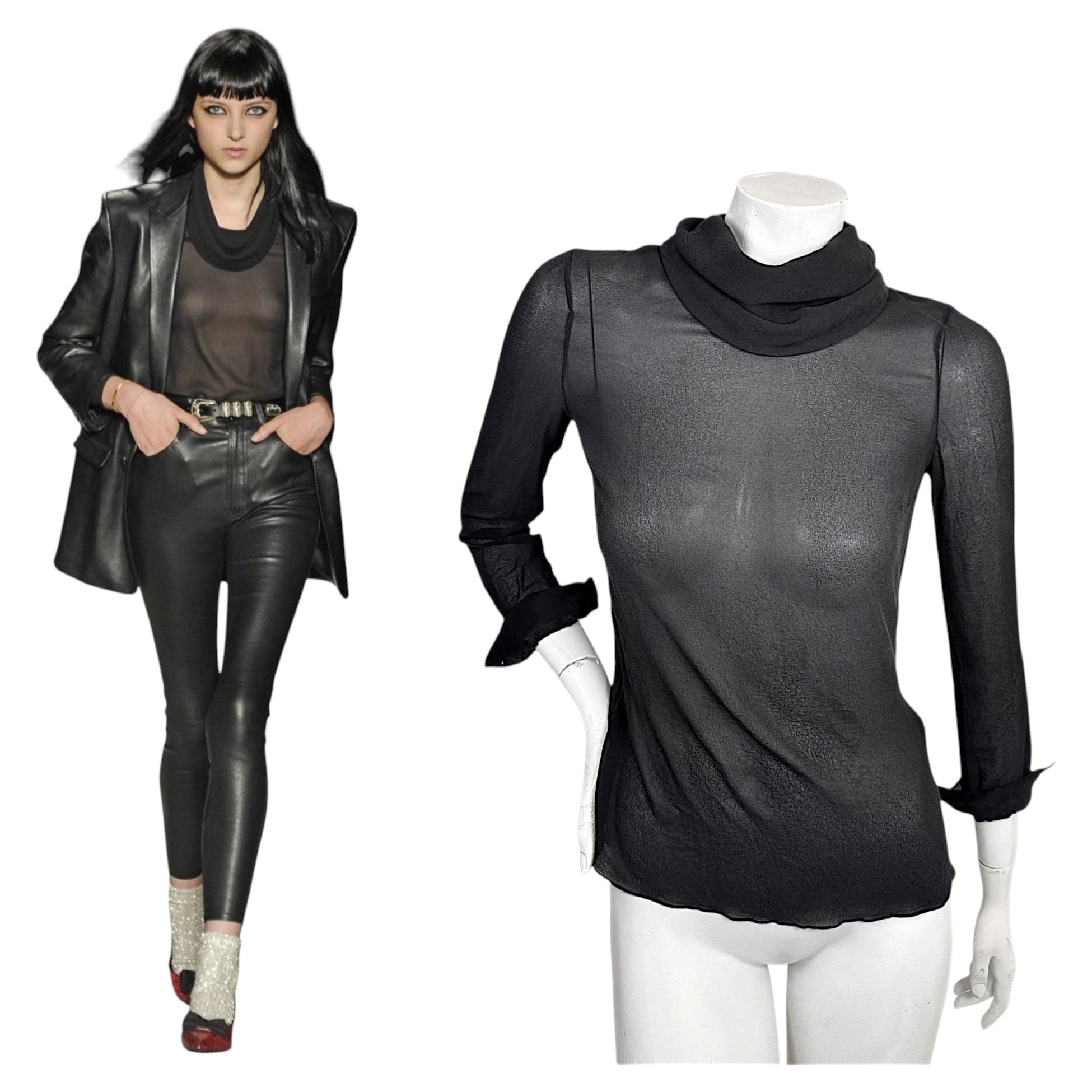 Saint Laurent SS 2014 Hedi Slimane Runway Look 19 Black Sheer Silk Blouse For Sale