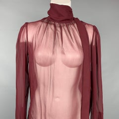 SAINT LAURENT SS 2021 Size 4 / 36 Burgundy Sheer Silk Crepe Turtleneck Blouse