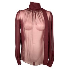 SAINT LAURENT SS 2021 Size 4 / 36 Burgundy Sheer Silk Crepe Turtleneck Blouse
