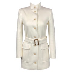 SAINT LAURENT SS 2021 Size 4 Cream Wool Blend Belted Military Jacket