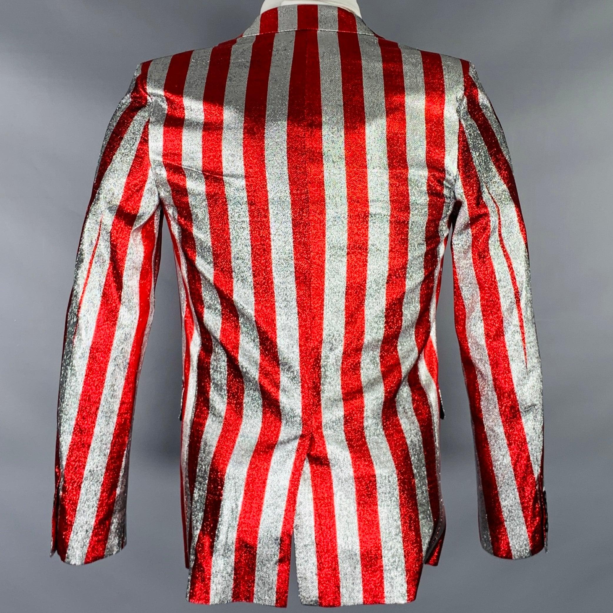 Rosa SAINT LAURENT SS15 Taglia 34 Cappotto sportivo in misto viscosa a righe rosse e argento in vendita