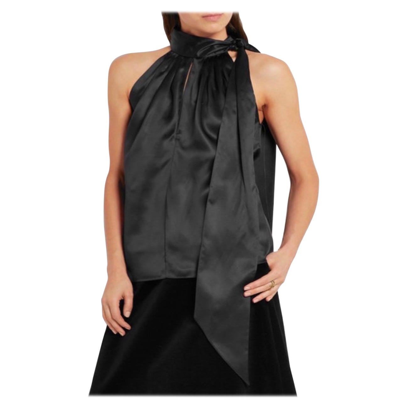 Saint Laurent Paris SS16 Schwarze Seidenbluse mit Neckholder-Ausschnitt und Bindeband FR 34 Ärmelloses Oberteil