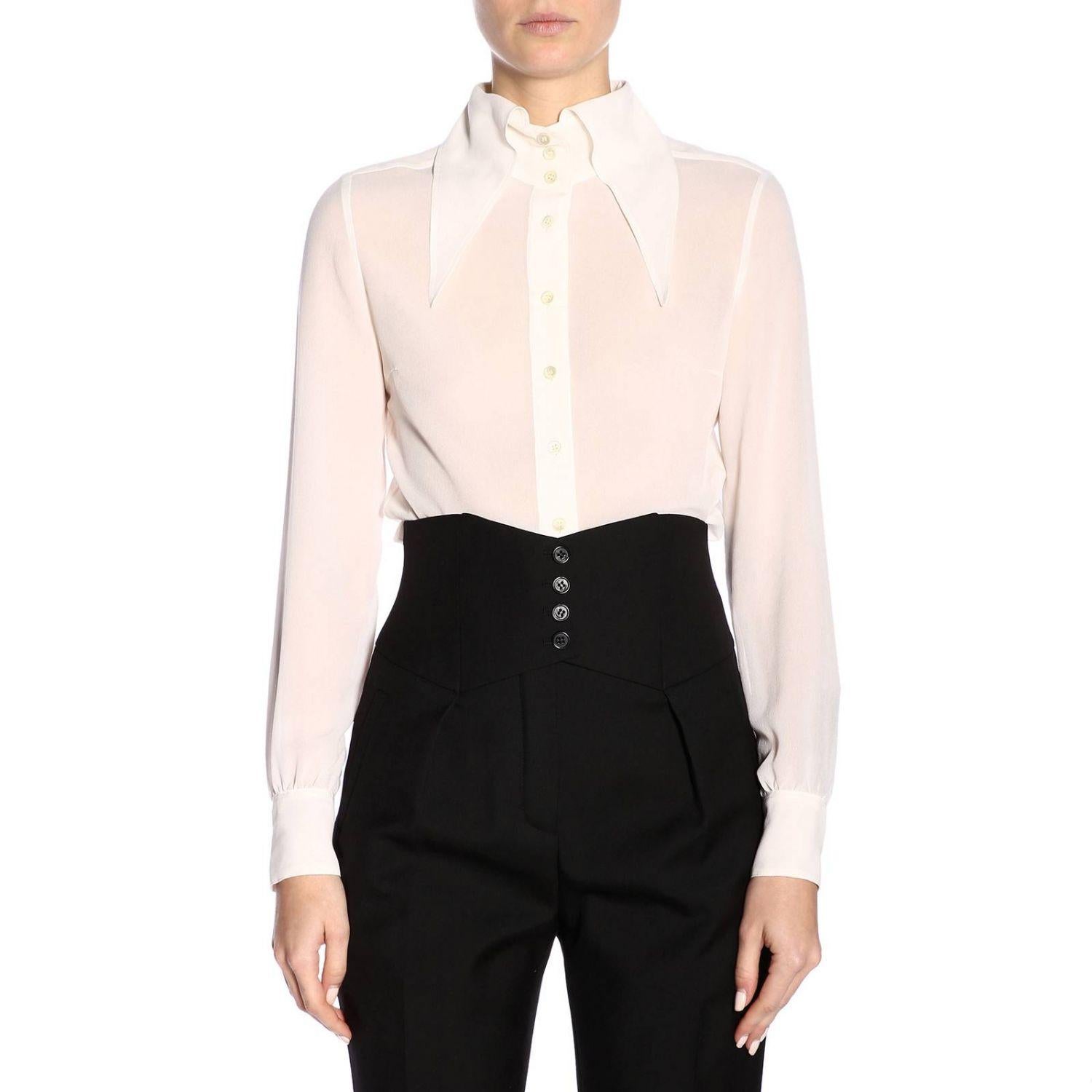 Saint Laurent SS19 Cream Silk Over Sized Collar Shirt Size 36 For Sale 1