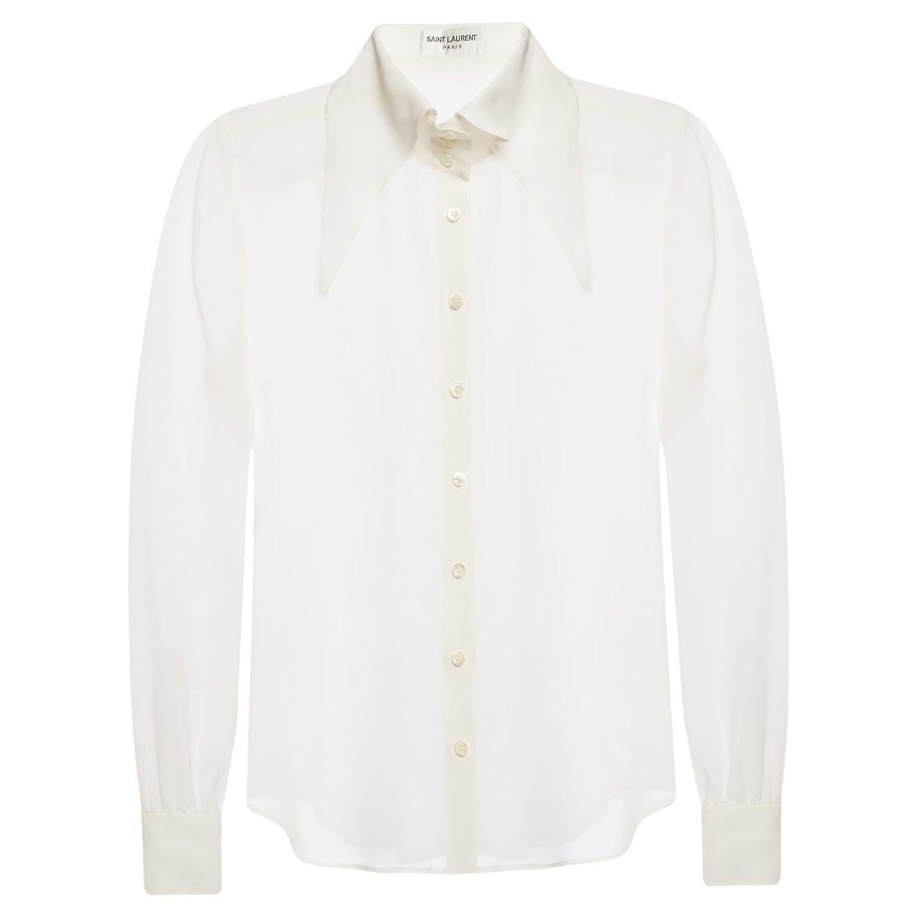 Saint Laurent SS19 Cream Silk Over Sized Collar Shirt Size 36 For Sale