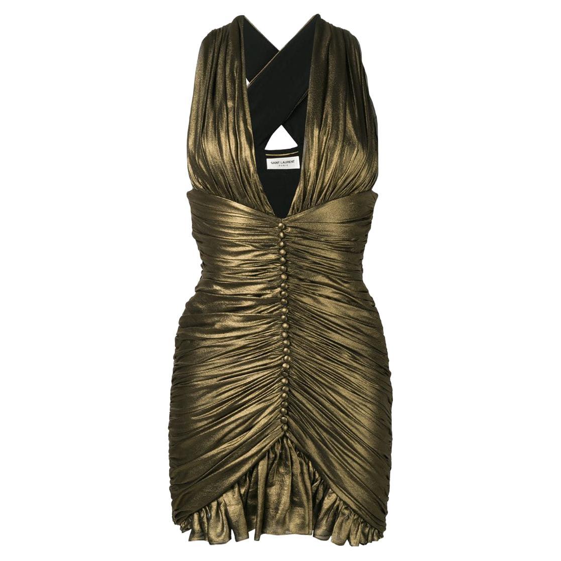 Saint Laurent SS19 Gold Ruched Plunging Fitted Silk Mini Dress Size 36 For Sale