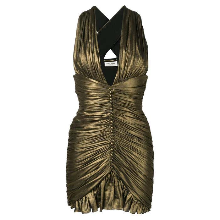 Saint Laurent SS19 Gold Ruched Plunging Fitted Silk Mini Dress Size 36 ...