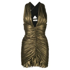 Saint Laurent SS19 Gold Ruched Plunging Fitted Silk Mini Dress Size 36