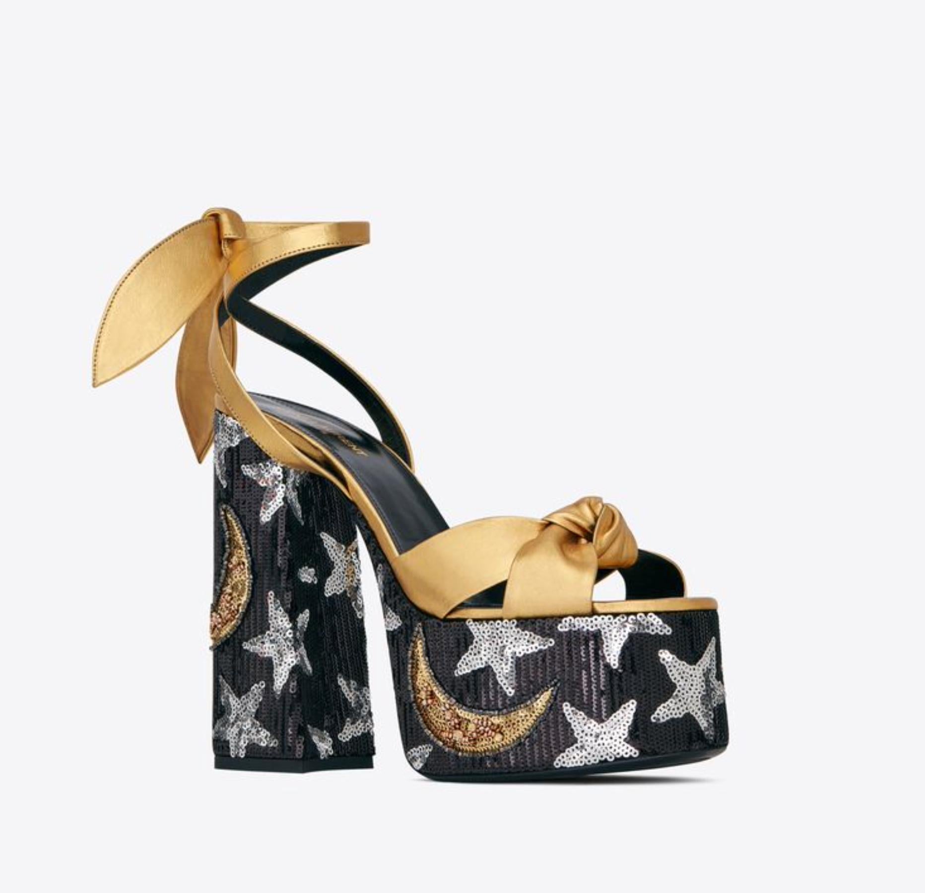 Saint Laurent SS19 Runway Metallic Gold Leather & Sequin Stars Platform Sandals

As seen on the Spring 2019 Runway, these spectacular shoes are the 