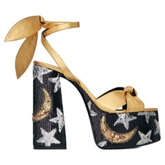 Saint Laurent SS19 Metallic Gold Leder & Pailletten Sterne Plateau Sandale Größe 37,5