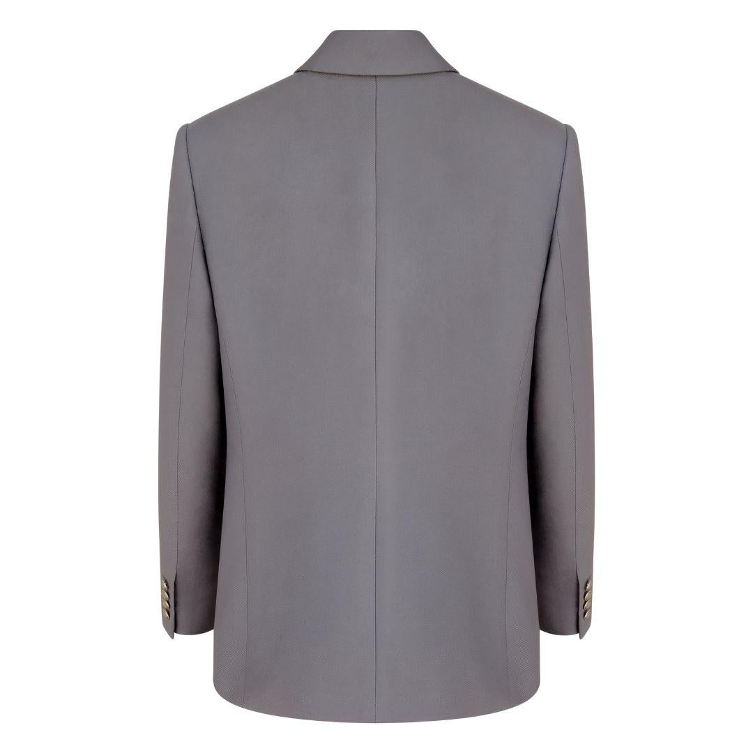 Saint Laurent tailored 6-button wool-twill gabardine double breasted blazer.

Still carried in stores retailing for $2,850 USD.

A gray, woven commercial variation from the SS20 runway collection.

Gold buttons at the front and at cuffs.

Padded