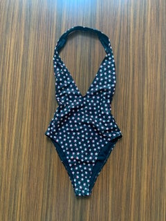 Saint Laurent Star Print Deep V Neck One Piece Halter Swimsuit Black White Red