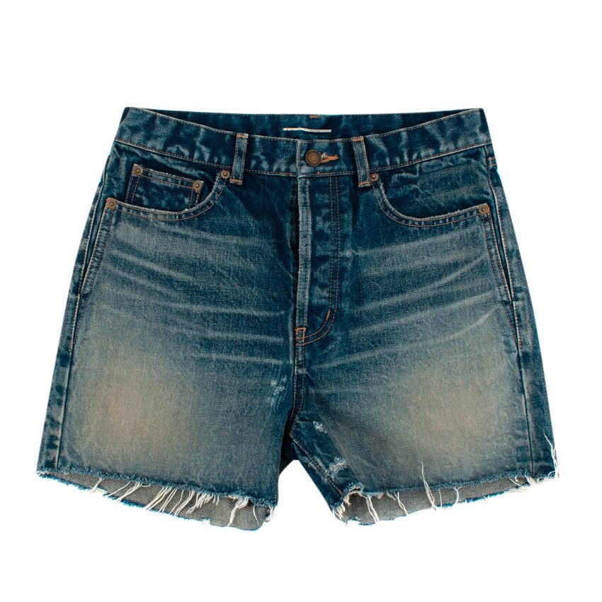 Saint Laurent Stonewashed Mid Blue Denim Cut-Off Shorts For Sale
