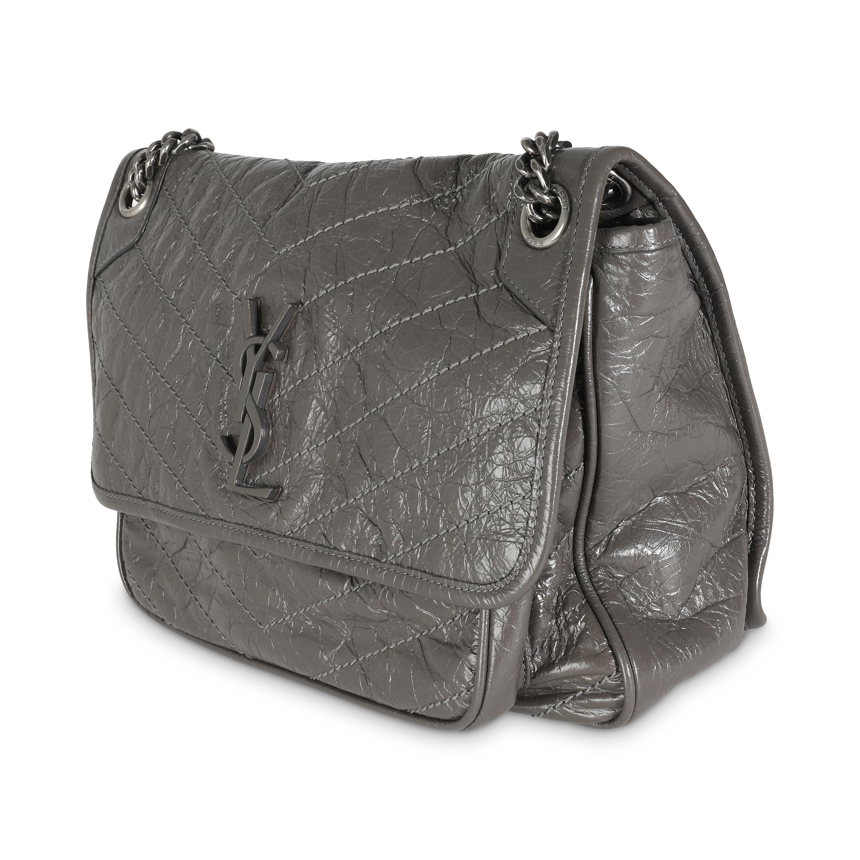 Saint Laurent Storm Crinkled Calfskin Matelasse Medium Niki Chain Satchel In Excellent Condition For Sale In New York, NY