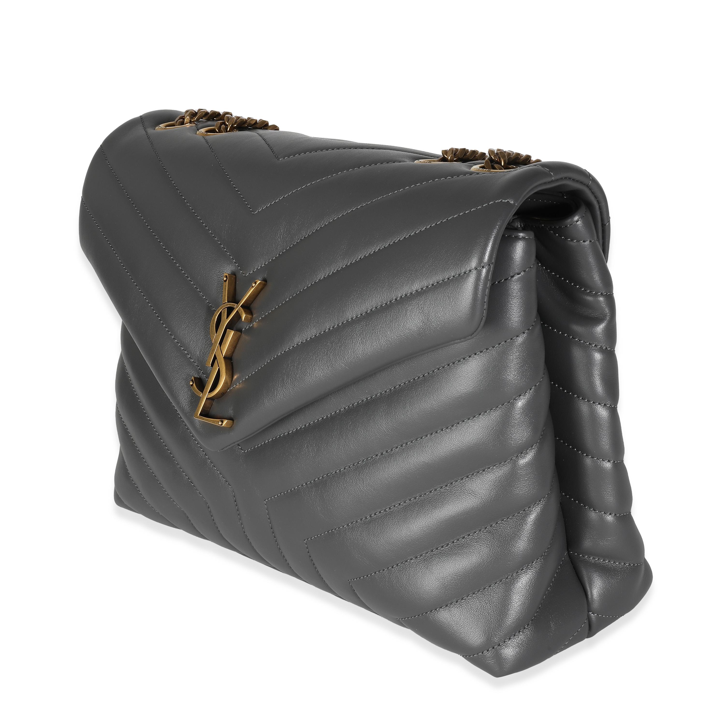 Saint Laurent Storm Grey Calfskin Y Quilted Monogram Medium Loulou In Excellent Condition In New York, NY
