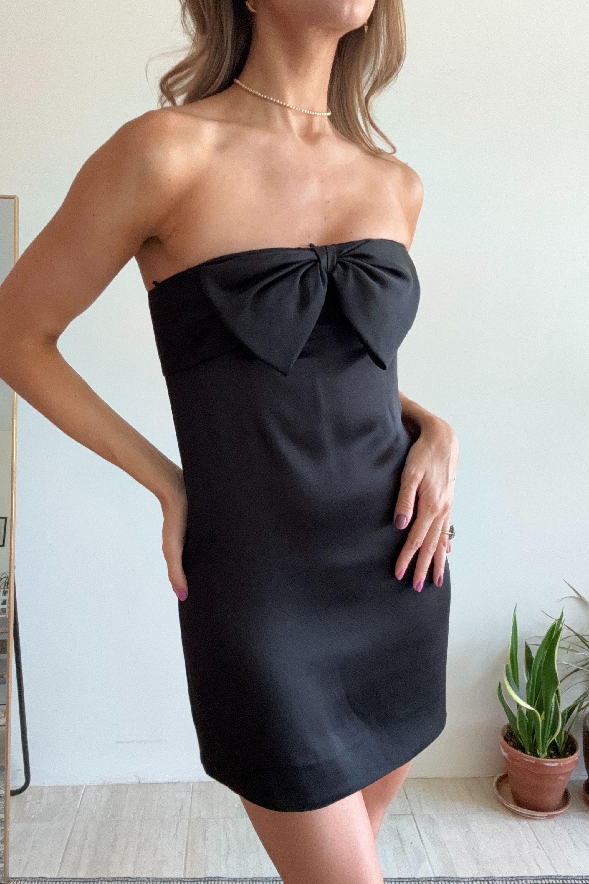Saint Laurent Strapless Little Black Mini Dress with Oversized Bow For Sale 1