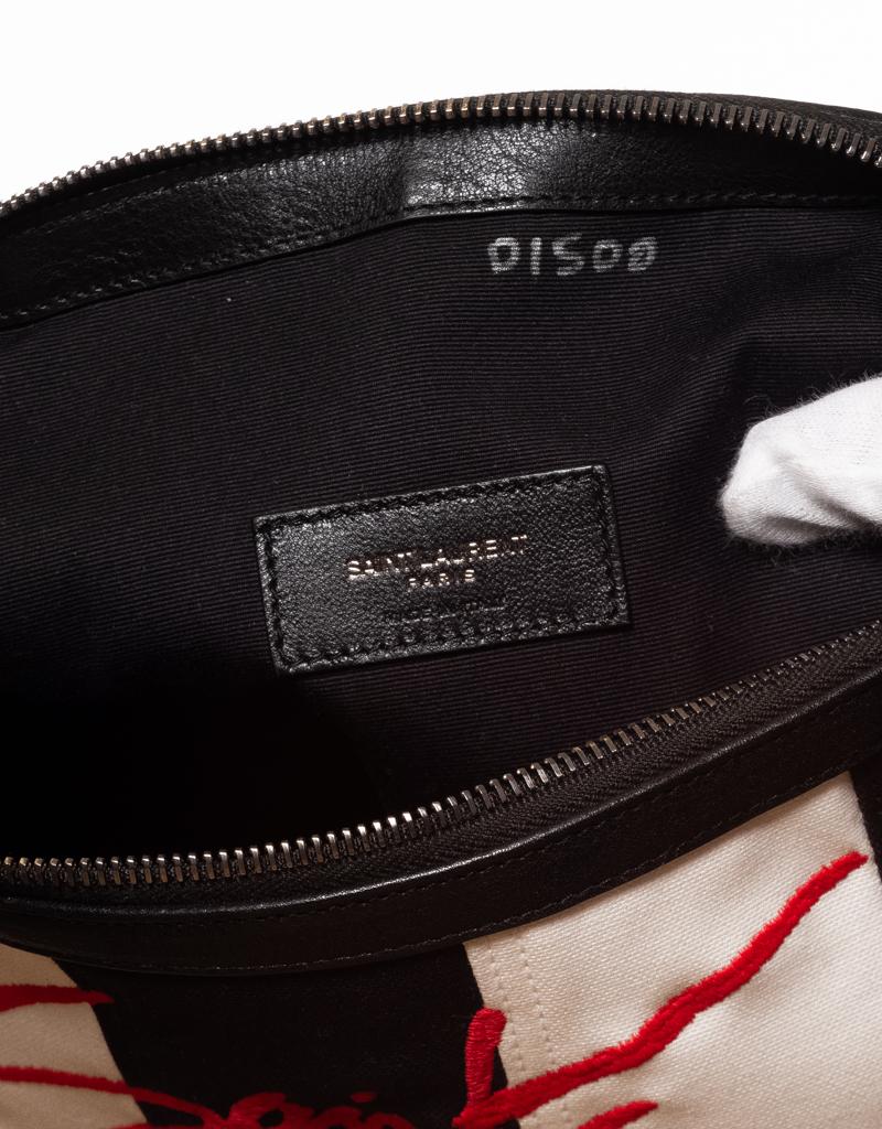 Saint Laurent Stripped Embroidered Red Logo Pouch (580866) In New Condition In Montreal, Quebec