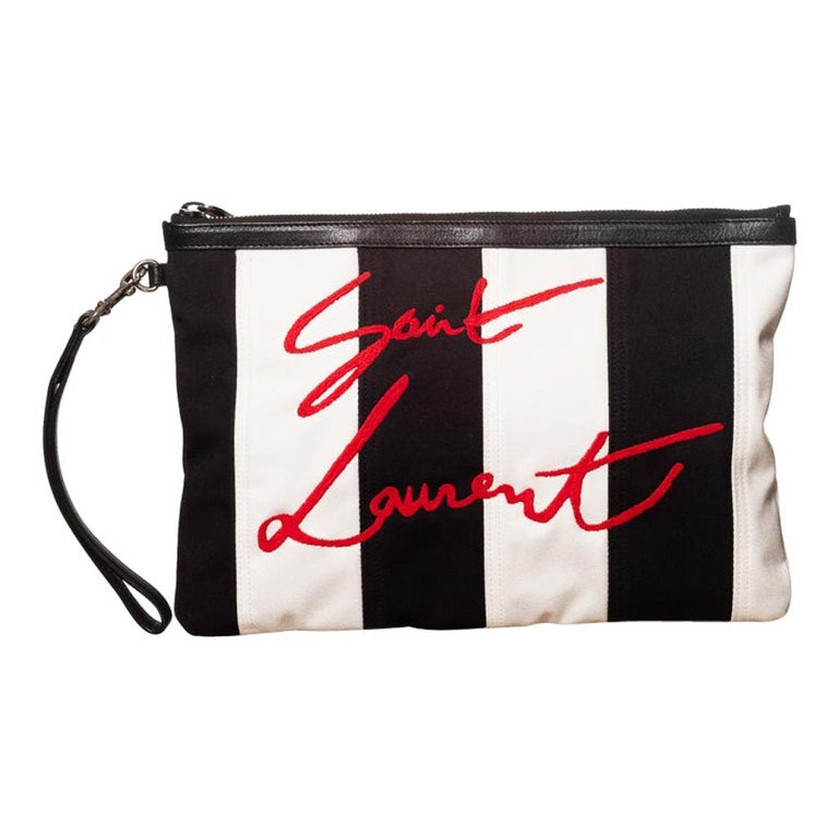 Saint Laurent Stripped Embroidered Red Logo Pouch (580866) at 1stDibs