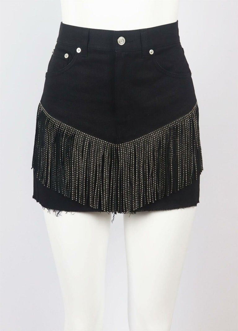 Saint Laurent Studded Leather Fringed Denim Mini Skirt For Sale at 1stDibs