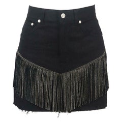 Saint Laurent Studded Leather Fringed Denim Mini Skirt
