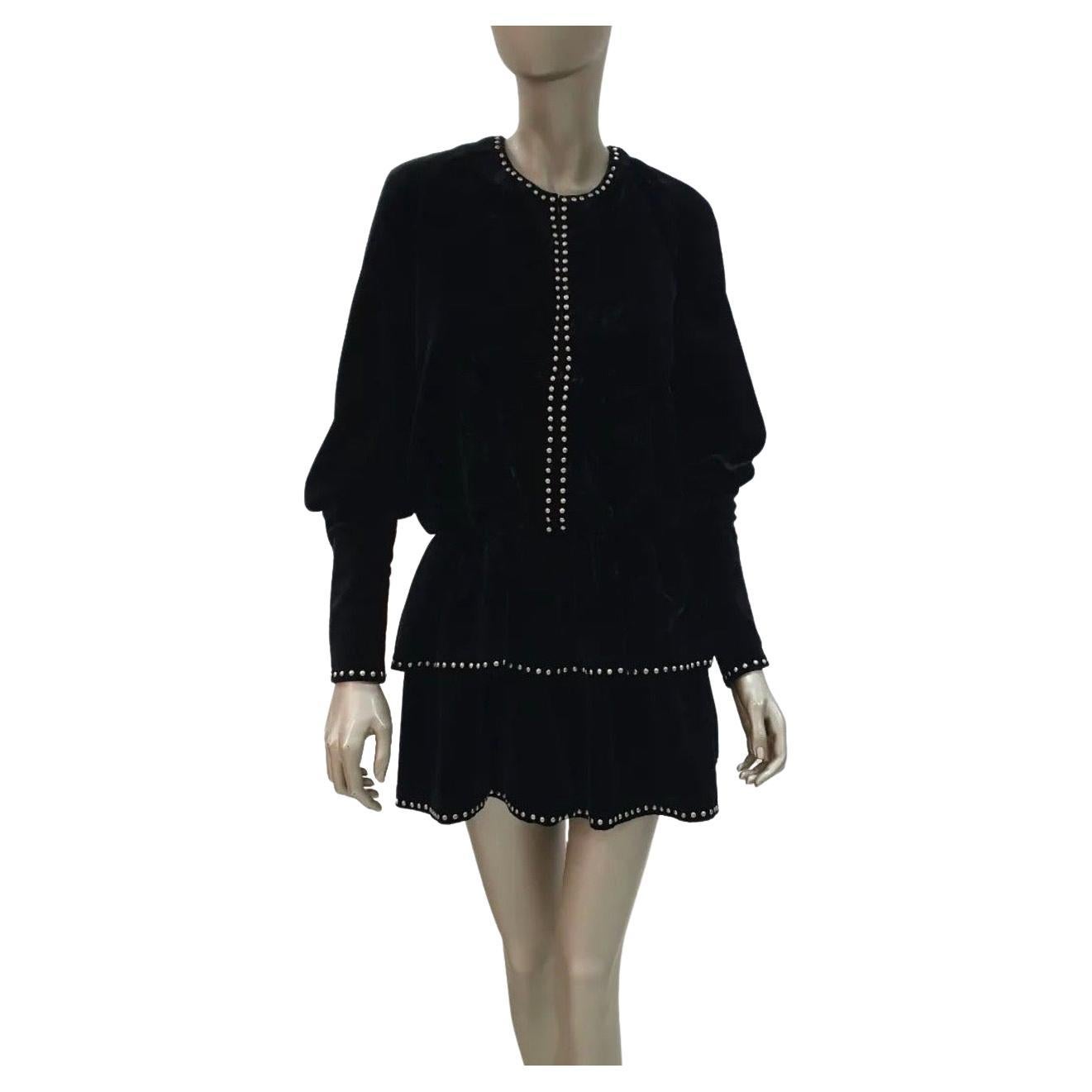 SAINT LAURENT Studded Ruffled Velvet Black Mini Dress For Sale