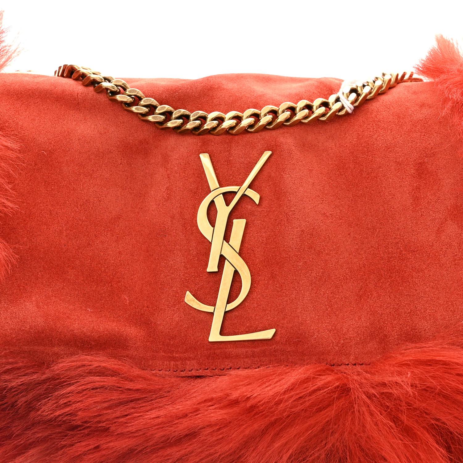 Saint Laurent Suede Fur Rouge Reversible Monogram Kate Bag Small For Sale 6