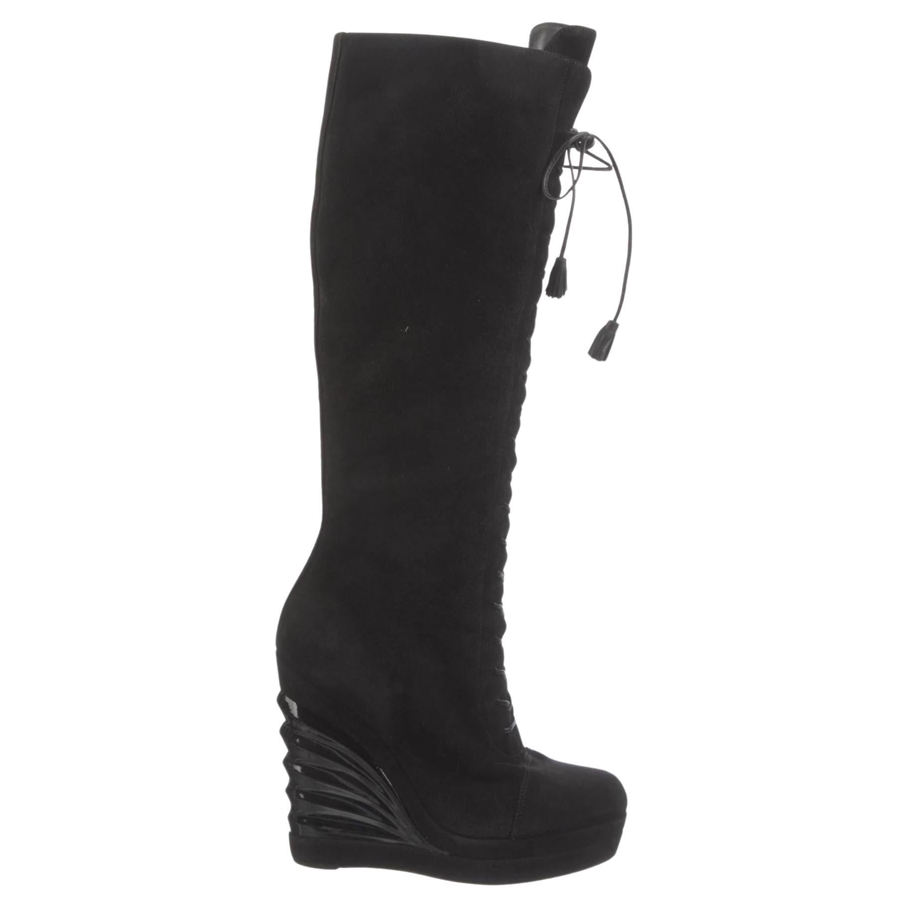 Saint Laurent Suede Tassel Accents Lace-Up Knee High Boots (40 EU) 280788 For Sale