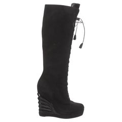 Used Saint Laurent Suede Tassel Accents Lace-Up Knee High Boots (40 EU) 280788