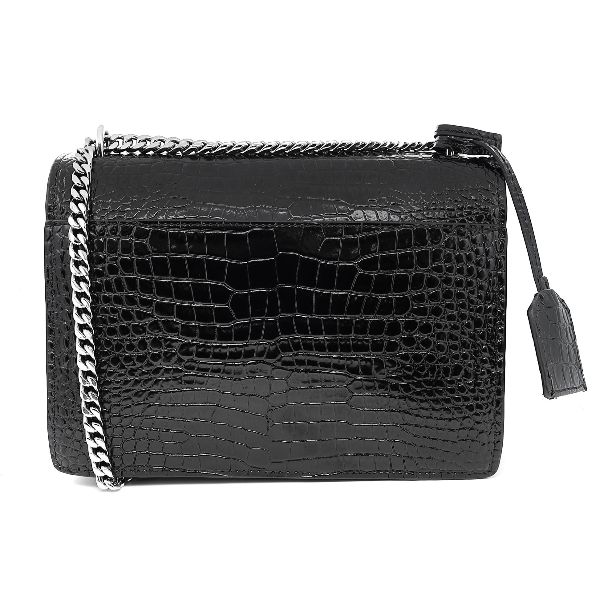 Saint Laurent Sunset Crocodile Embossed Black Leather Medium Crossbody