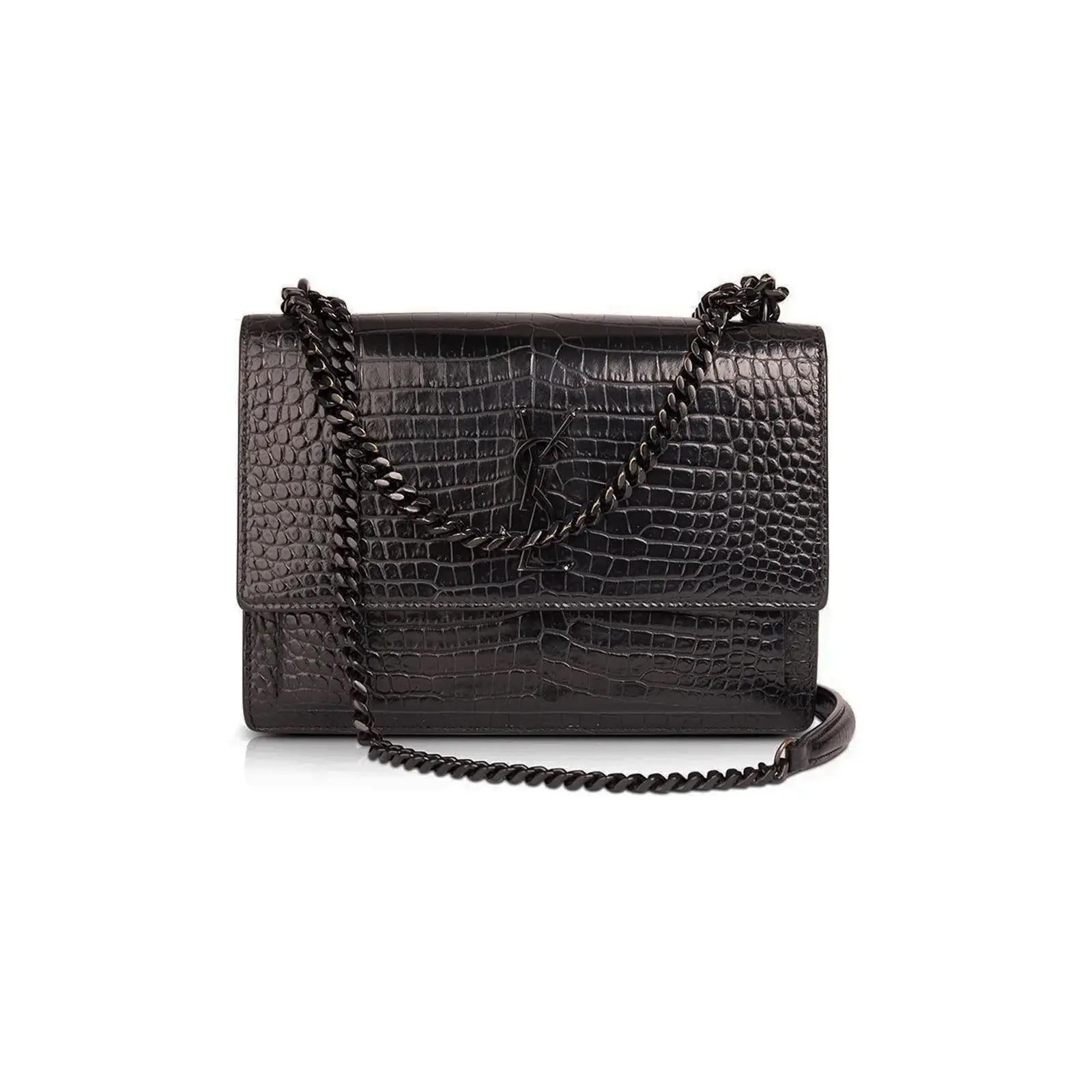 Saint Laurent Sunset Crocodile Medium Embossed Leather Black Chain Bag In Excellent Condition In Montreal, Quebec