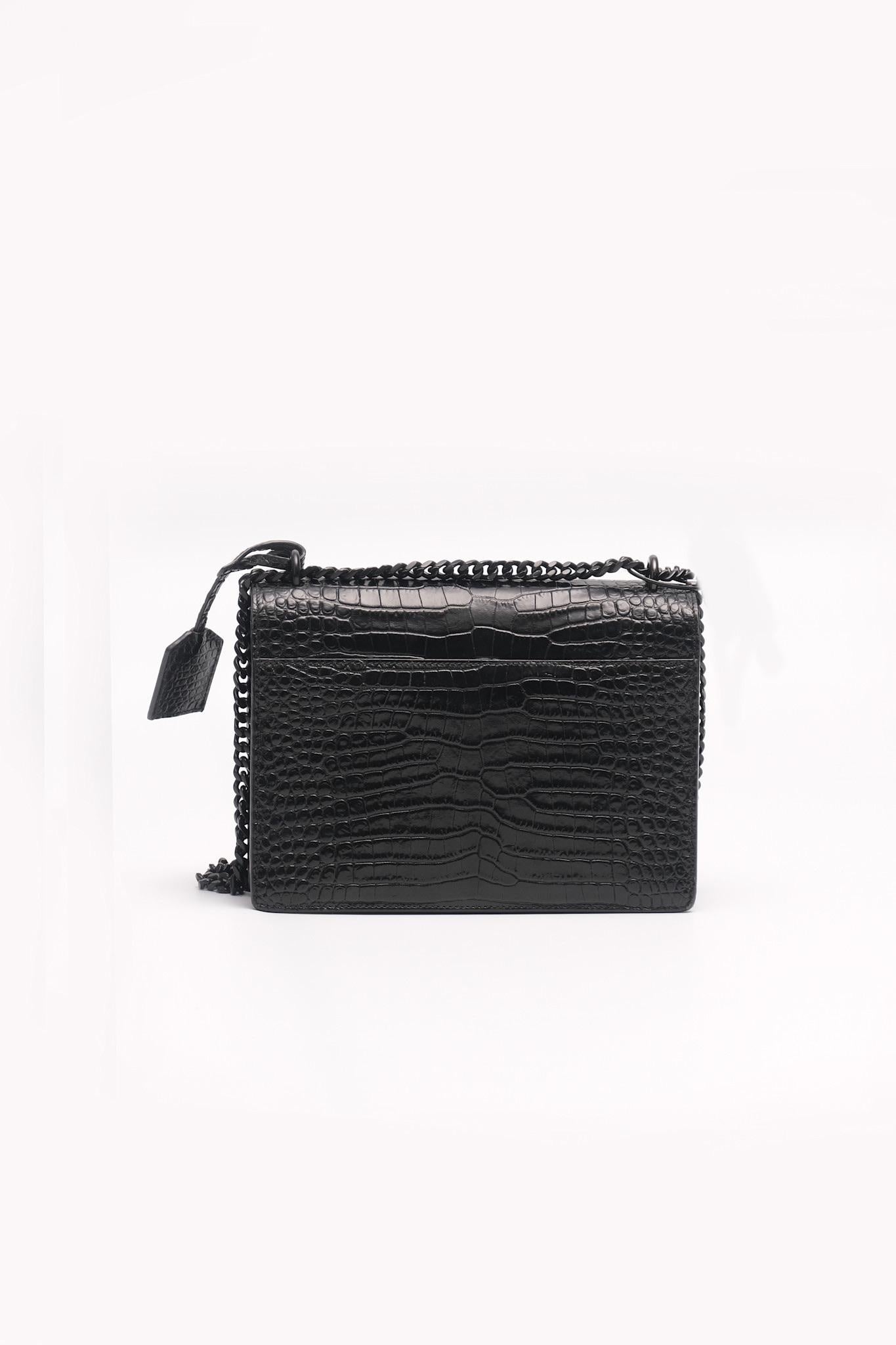 Women's Saint Laurent Sunset Crocodile Medium Embossed Leather Black Chain Bag