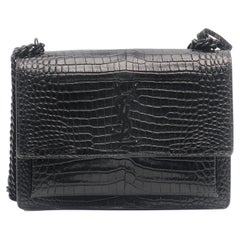 Saint Laurent Sunset Crocodile Medium Embossed Leather Black Chain Bag
