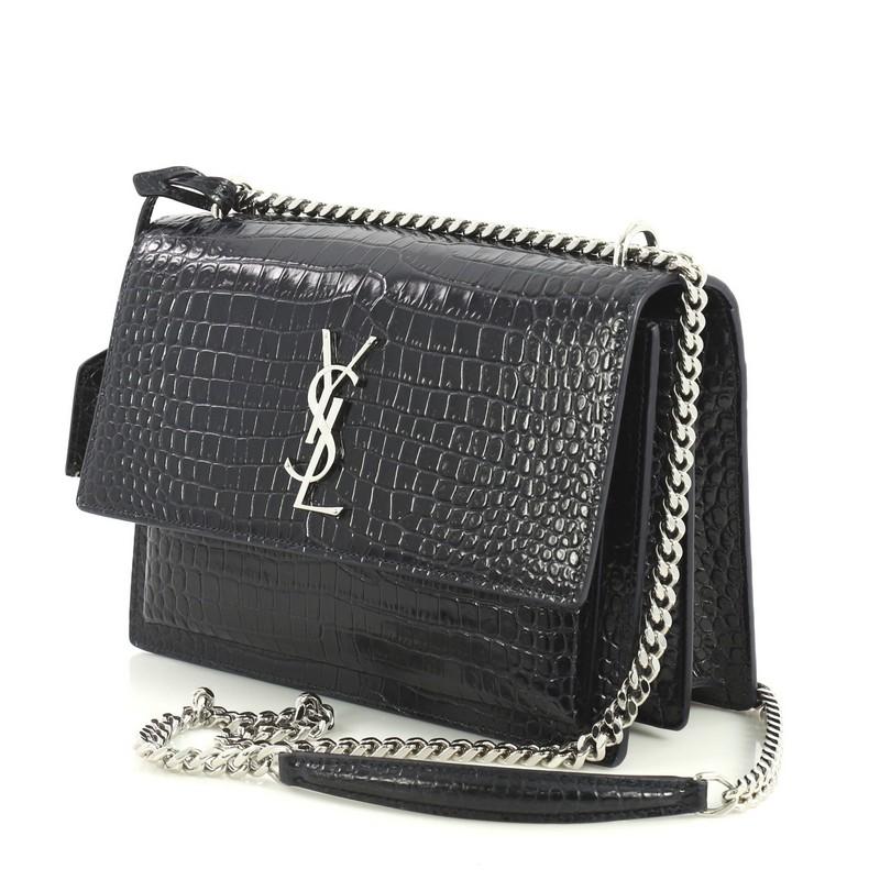 Black Saint Laurent Sunset Crossbody Bag Crocodile Embossed Leather Medium