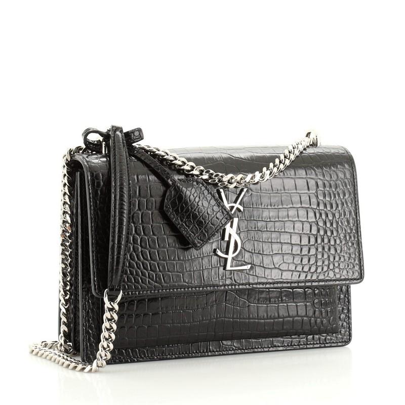 Black Saint Laurent Sunset Crossbody Bag Crocodile Embossed Leather Medium