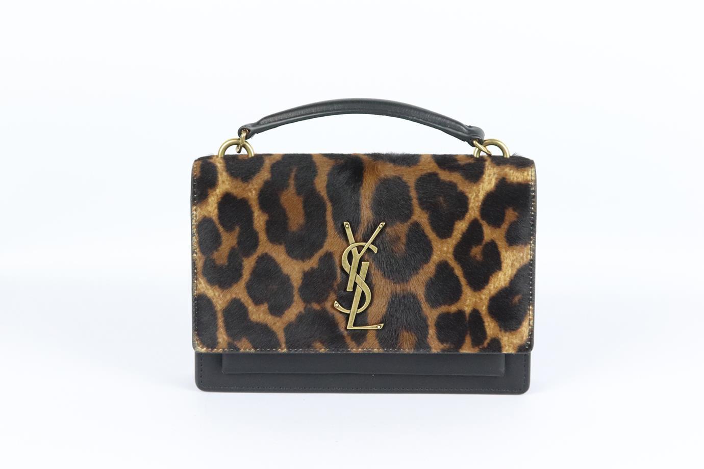 Saint Laurent Sunset mini printed calf hair and leather shoulder bag. Made from black and brown cheetah-print calf-hair and black leather with the brand’s signature 'YSL' plaque on the front in antiqued-gold. Black and brown calf-hair, black