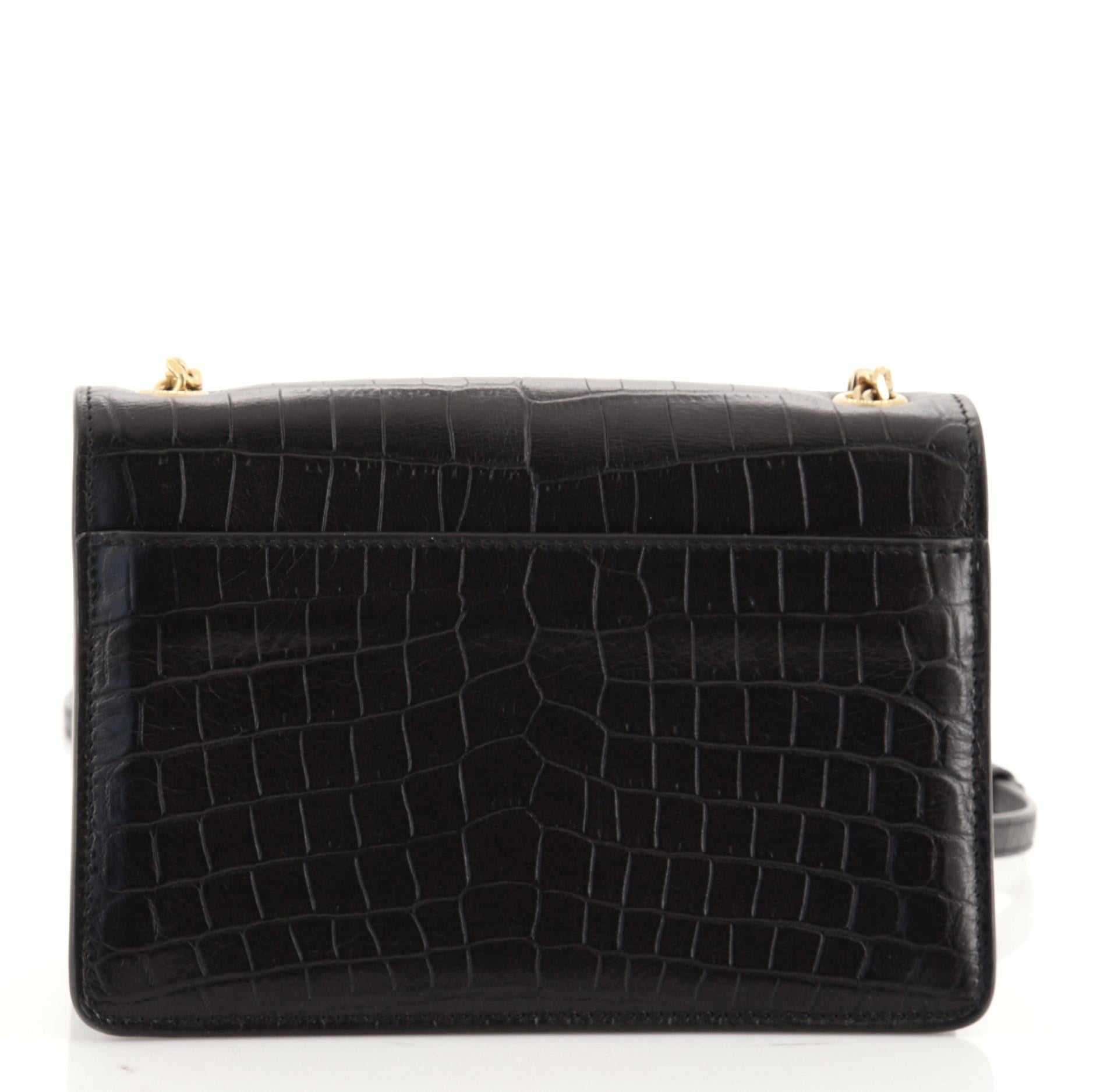 Black Saint Laurent Sunset Shoulder Bag Crocodile Embossed Leather Small